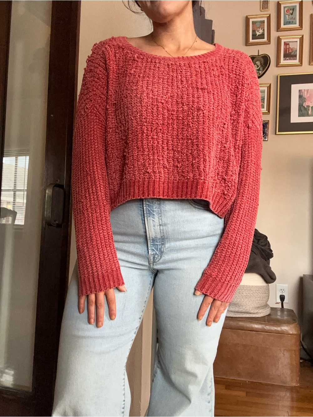 Cozy Cropped Chenille Chunky Knit Sweater - Rose Red